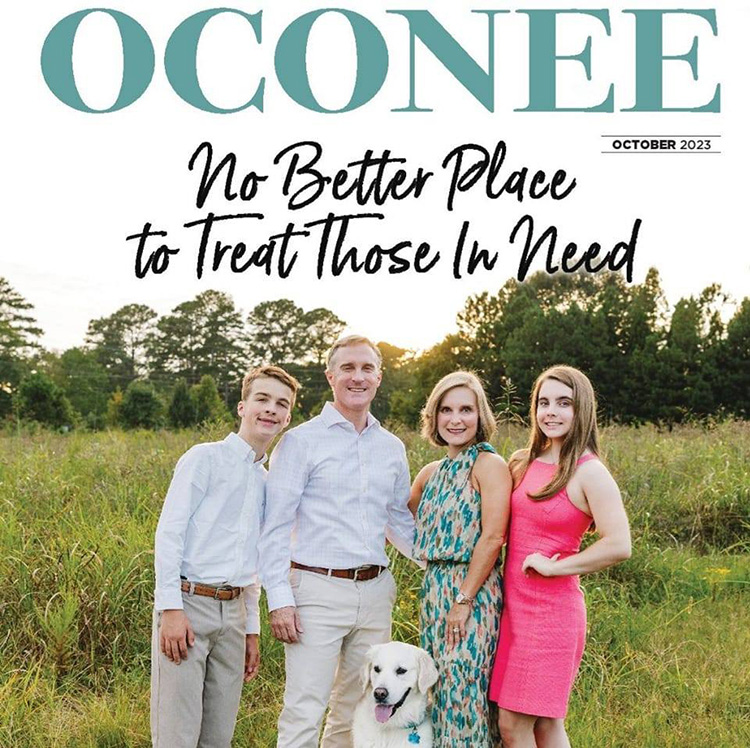 Dr. Cynthia Shepherd with her family on the cover of the Neighbors of Oconee Magazine, October 2023 edition